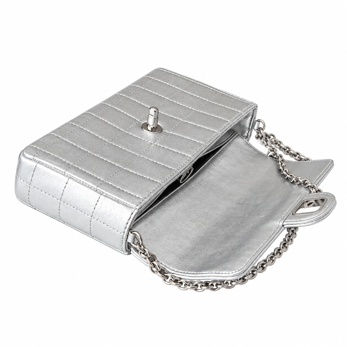 Chanel Metallic Square Quilted East West Flap Bag Silver 26cm