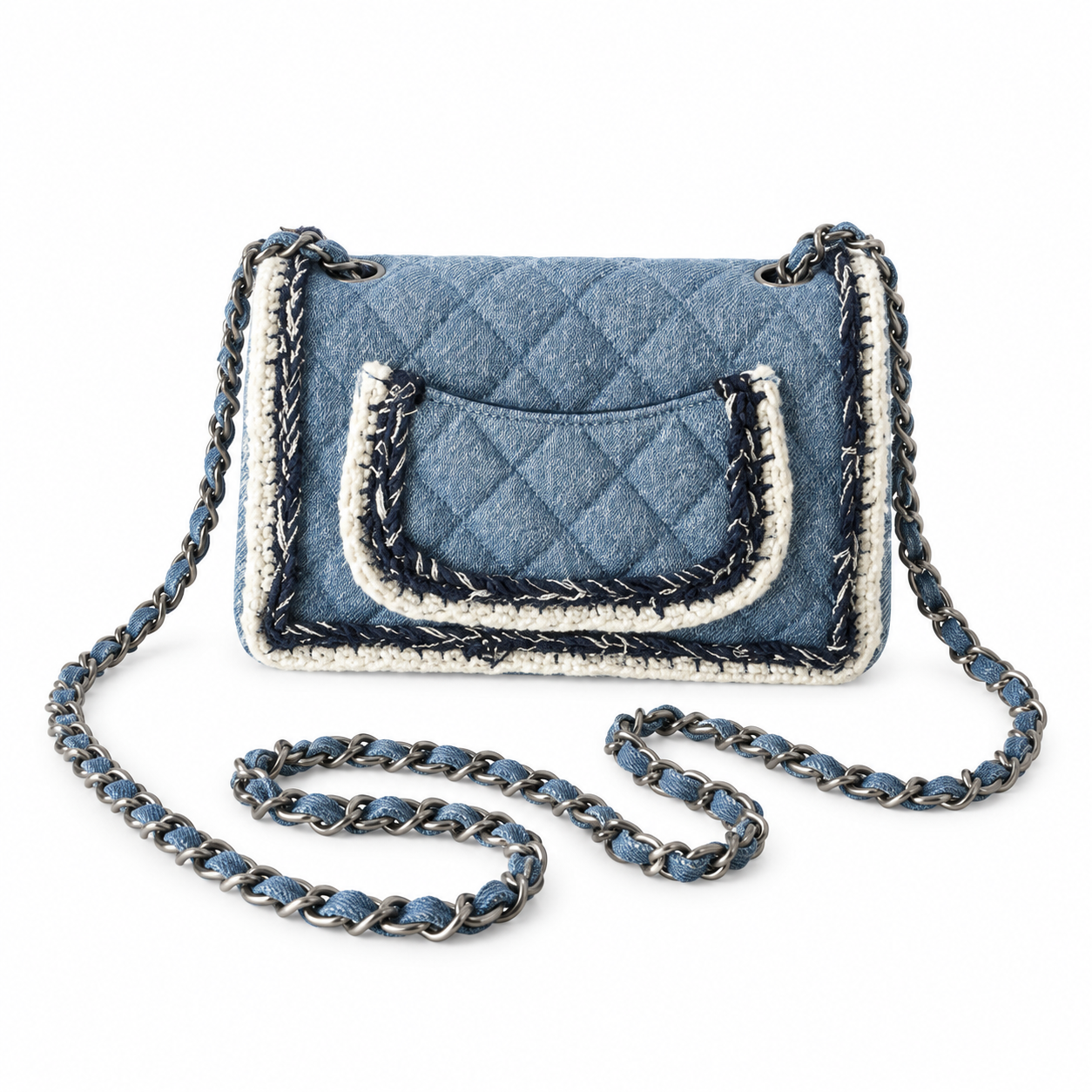 Chanel Quilted Denim Mini Flap Bag White Yarn Trim 20cm