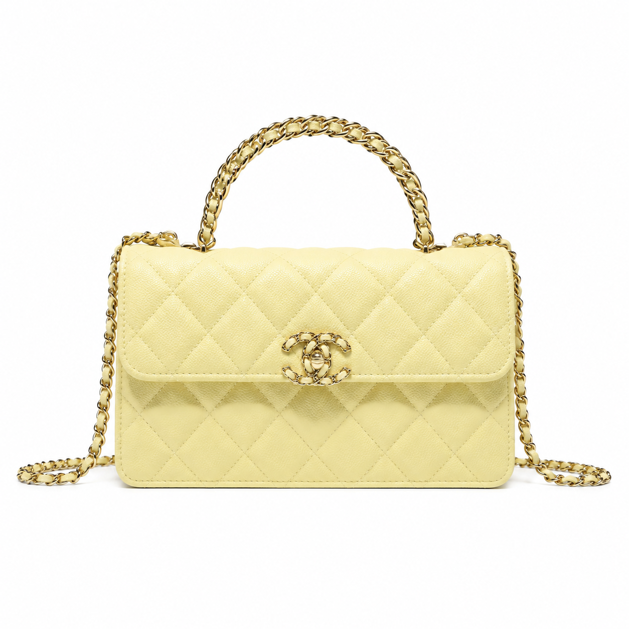 Chanel Lemon Yellow Smooth Lambskin Quilted Mini Top Handle Flap Bag | Gold CC Turn-Lock, Tonal Chain & Quilted Interior Pocket