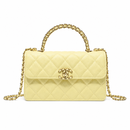 Chanel Lemon Yellow Smooth Lambskin Quilted Mini Top Handle Flap Bag | Gold CC Turn-Lock, Tonal Chain & Quilted Interior Pocket