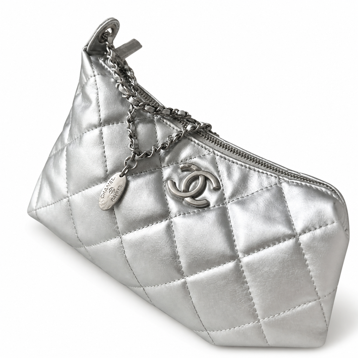 Chanel Silver Metallic Quilted Hobo | Tonal CC & Draped All-Chain Strap — 26cm