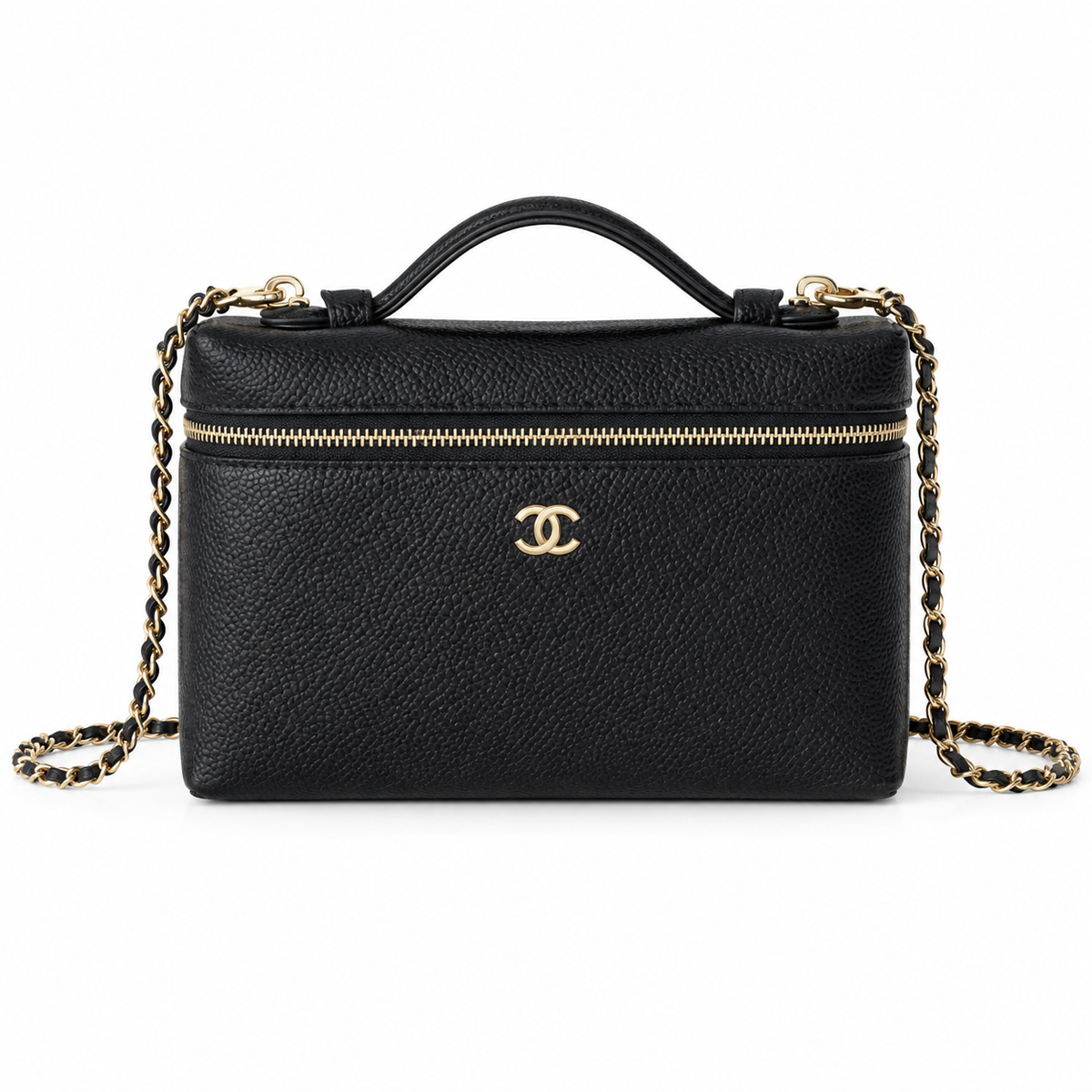 Chanel Black Pebbled Leather Camera Bag | Dual-Zip Top, Top Handle & Gold Leather-Woven Chain