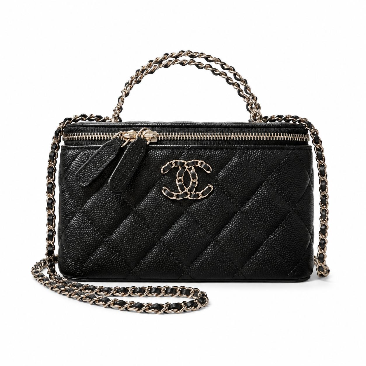 Chanel Black Diagonal Quilted Caviar Vanity Box Bag | Chain Top Handle & Silver Chain