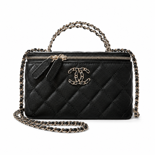 Chanel Black Diagonal Quilted Caviar Vanity Box Bag | Chain Top Handle & Silver Chain