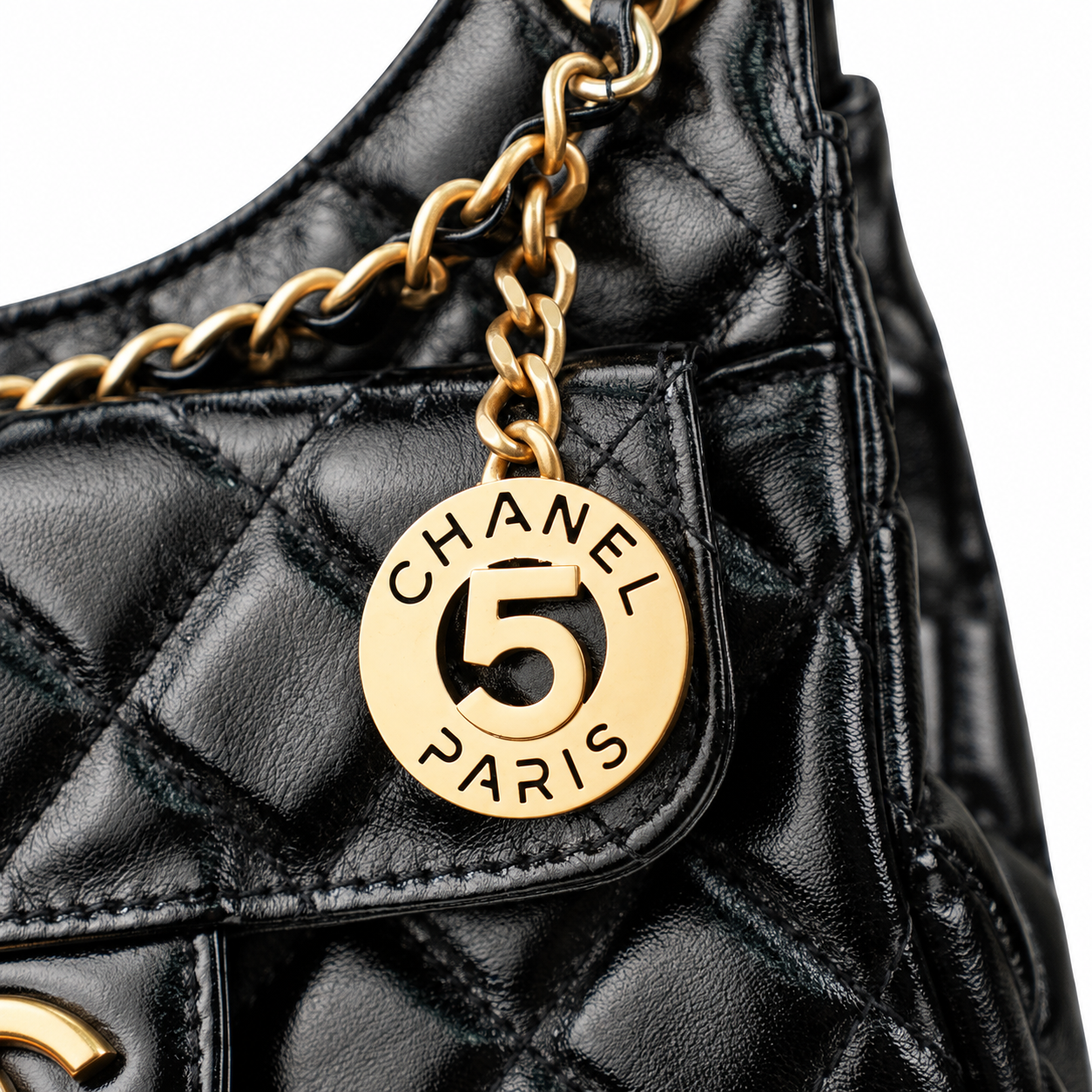 Chanel No.5 Charm Hobo Glazed Lambskin Black Gold 19cm