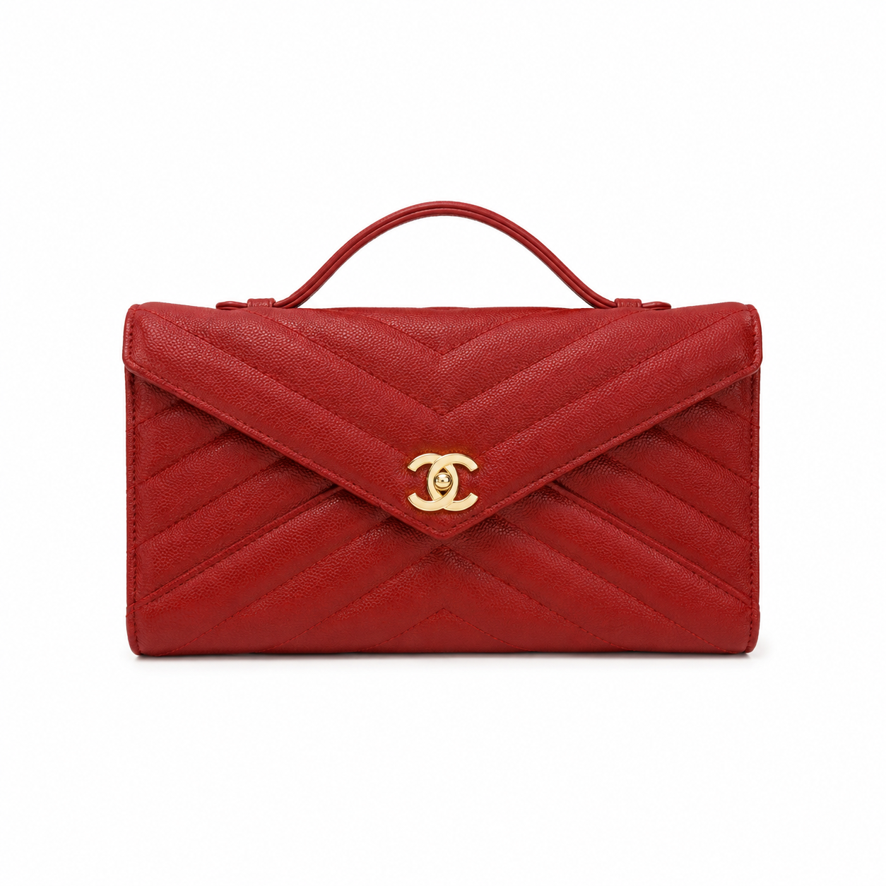Chanel Scarlet Red Chevron-Quilted Lambskin Envelope Bag | Tonal Top Handle & Gold CC