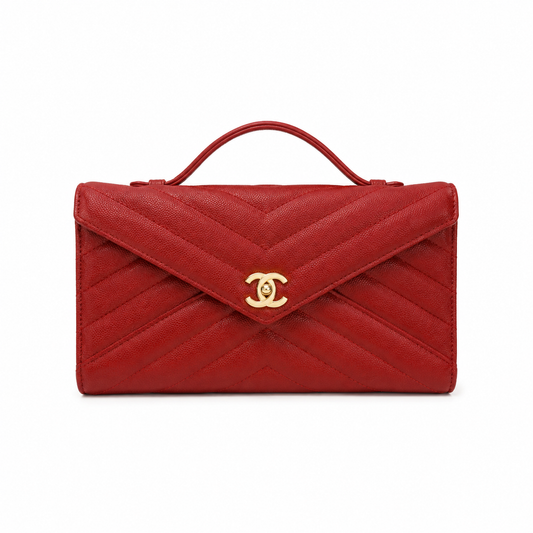 Chanel Scarlet Red Chevron-Quilted Lambskin Envelope Bag | Tonal Top Handle & Gold CC