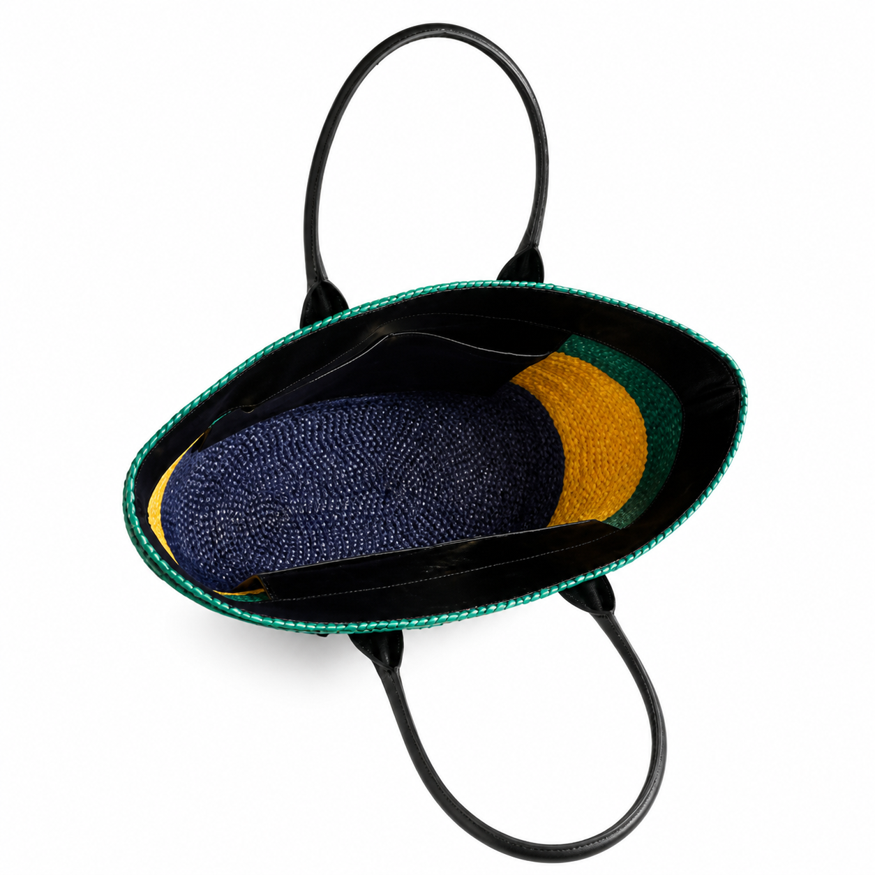 Chanel Green, Yellow & Navy Raffia Market Tote | Black CC & Leather Handles — 58cm