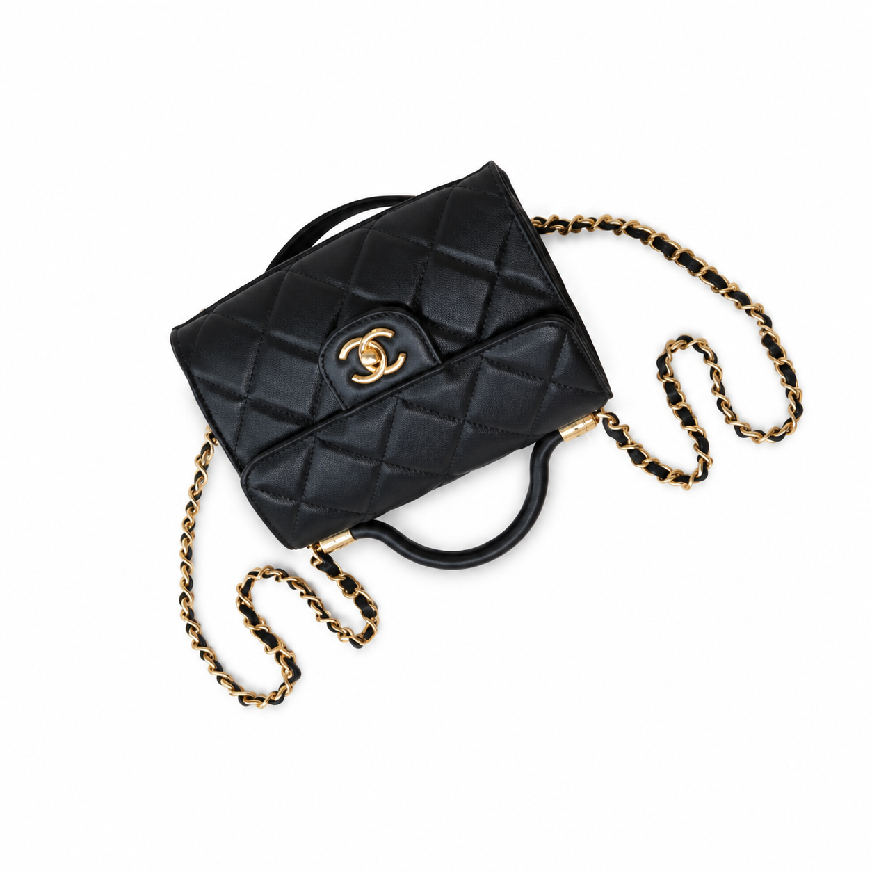 Chanel Caviar Top Handle Mini Flap Bag | CC Turn-Lock Gold Chain Black — 13x18cm