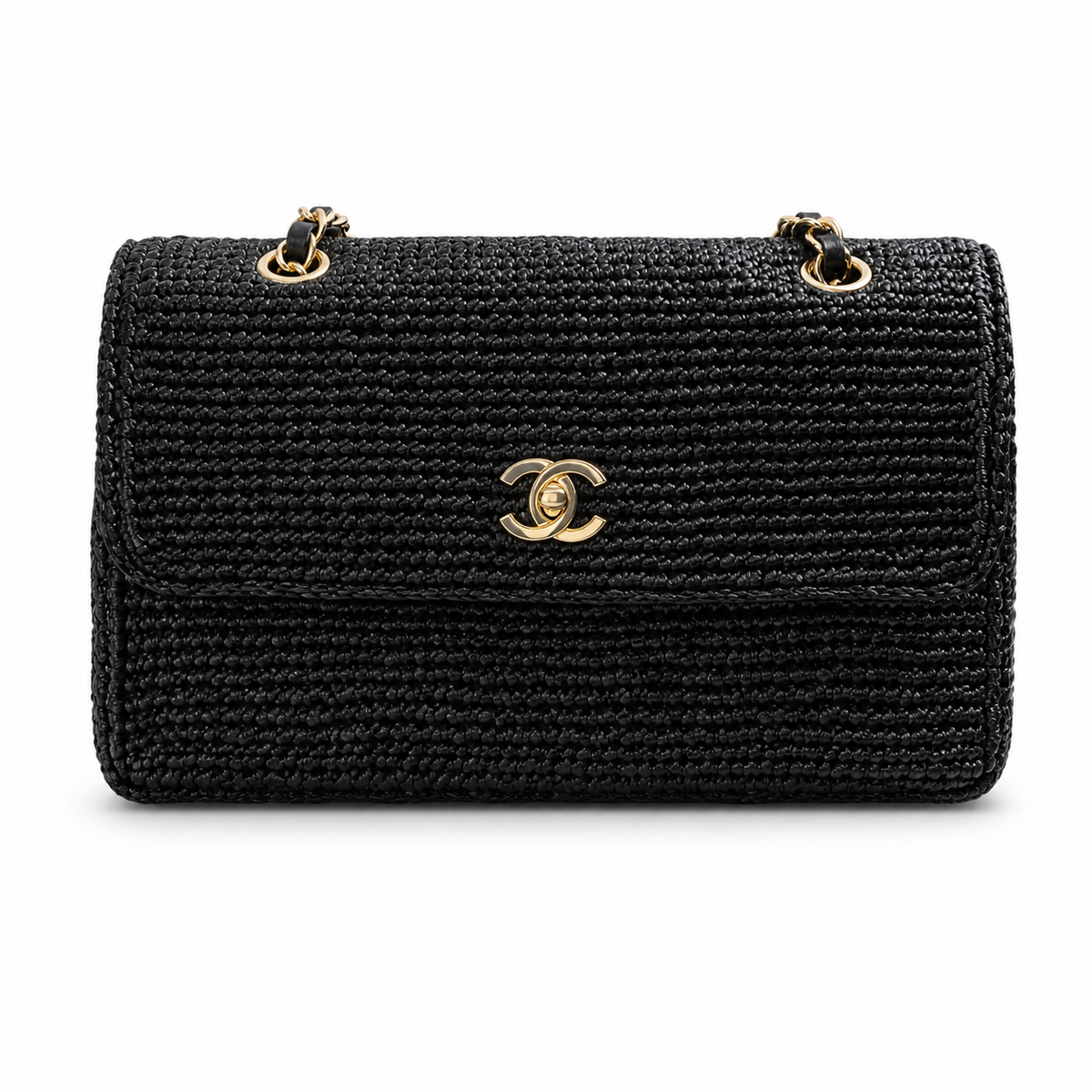 Chanel CC Raffia Woven Flap Bag | Black & Gold Chain — 25cm