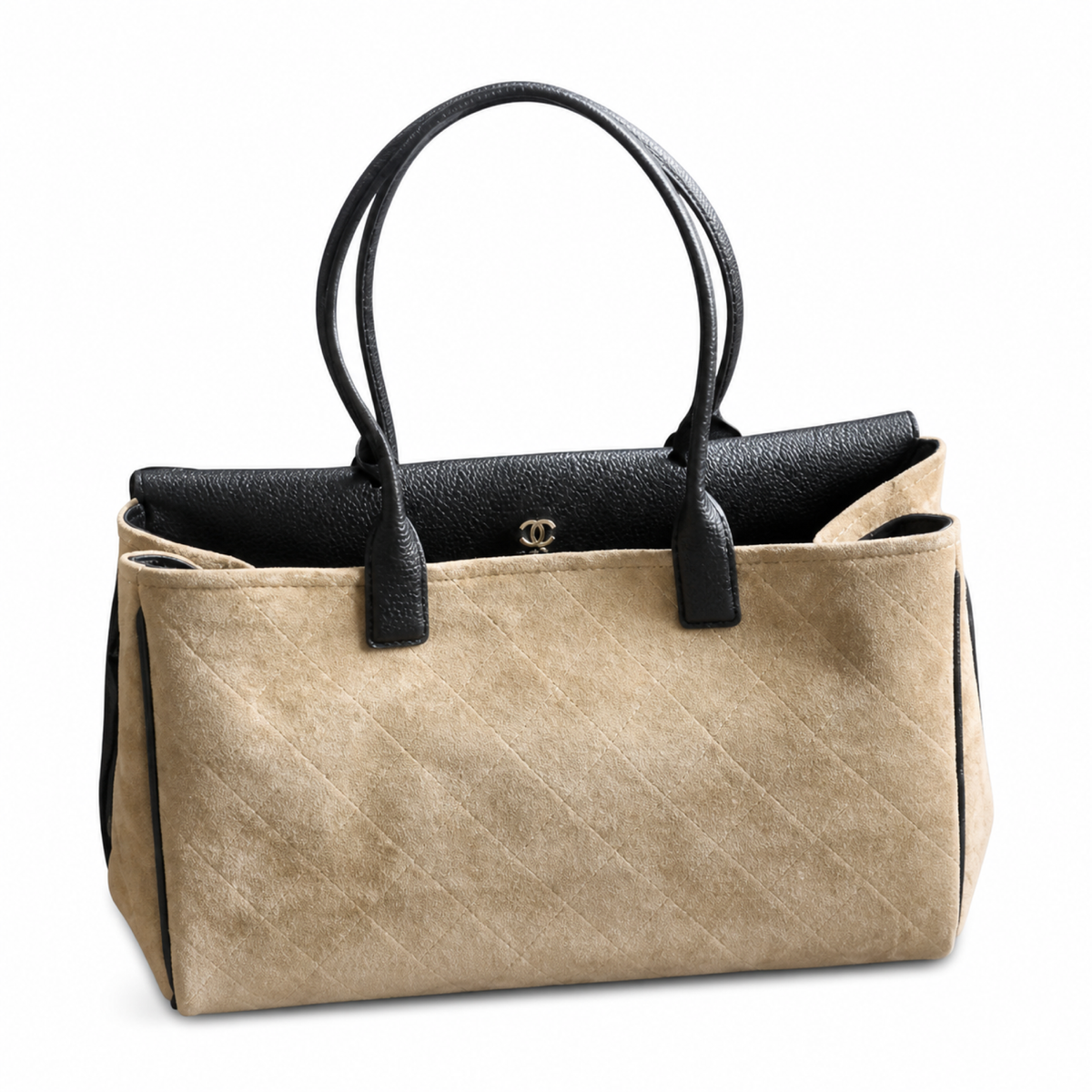 Chanel Medium Executive Tote Beige Quilted Suede & Charcoal Leather | Gold CC Turn-Lock — 38cm