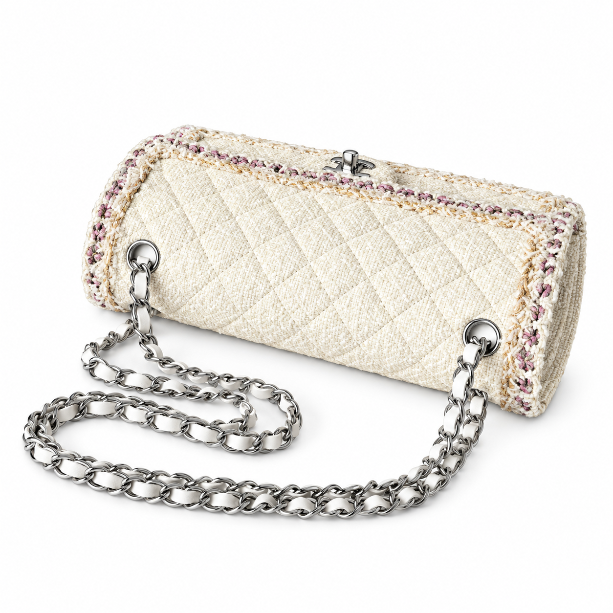 Chanel Classic Flap Quilted Tweed Multicolour Trim Ivory Silver 25cm
