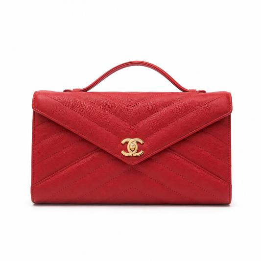 Chanel Scarlet Red Chevron-Quilted Lambskin Envelope Bag | Gold Snap & Black Interior