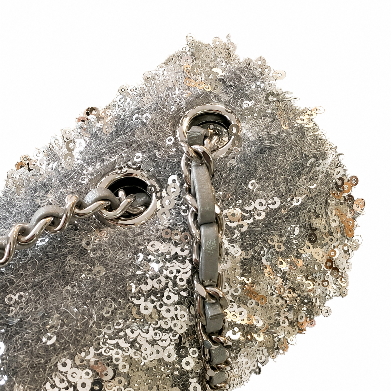 Chanel Silver Ring-Sequin on Grey Bouclé Flap Bag | Three-Register Monochrome Surface & Full Silver-Grey Tonal System