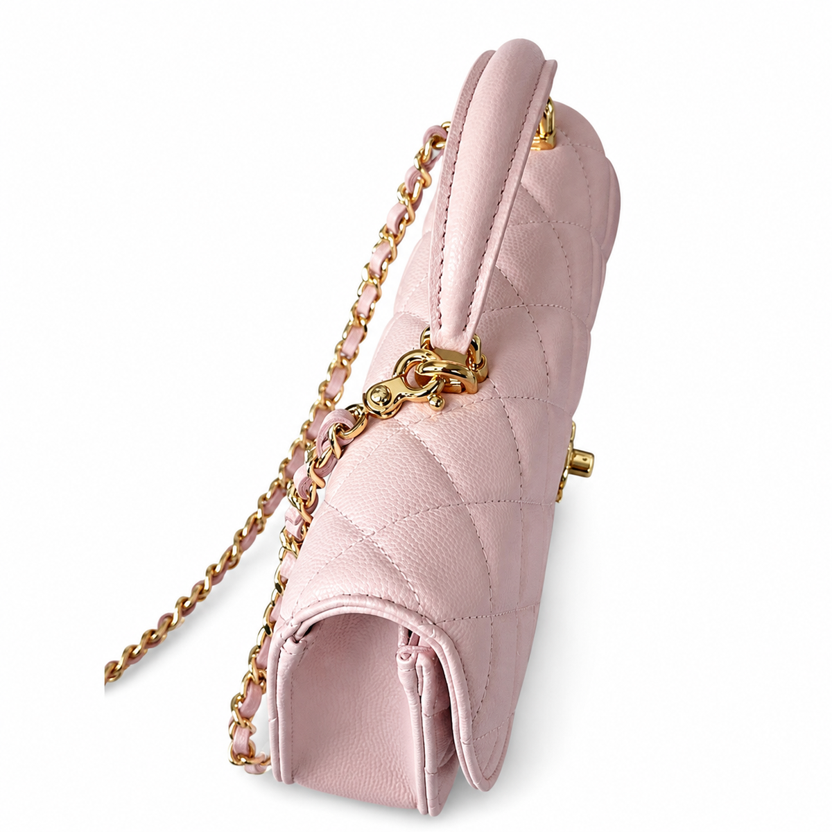 Chanel Petal Pink Diamond-Quilted Lambskin Elongated Flap Bag | Gold Heart Charms & Gold Chain