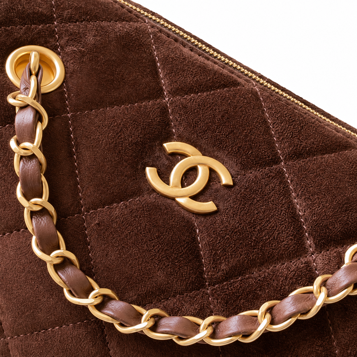 Chanel Deep Chocolate Brown Suede Quilted Camera Bag | Gold CC, Tonal Side Pockets & Double Chain with Brown Interlace