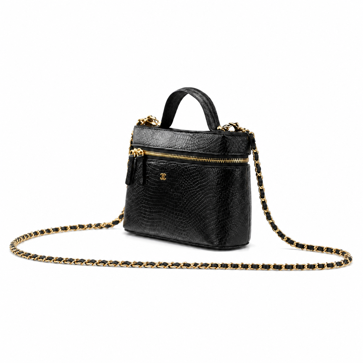 Chanel Black Iridescent Lizard-Embossed Vanity Case | Double Gold Chain — 18cm