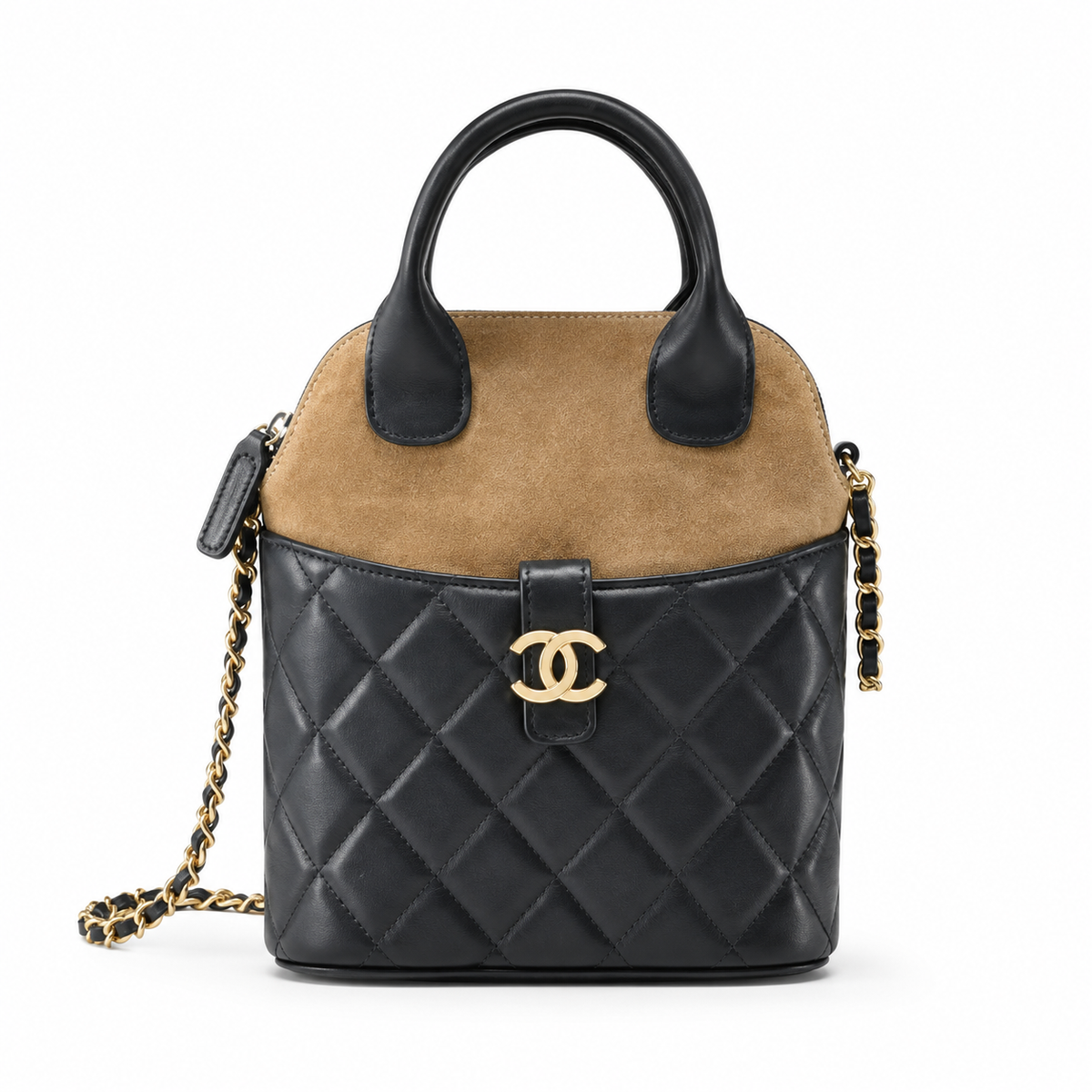 Chanel Black Quilted Lambskin Mini Bucket Bag | D-Ring Top Handle, Bare Gold Chain & Oval Quilted Base
