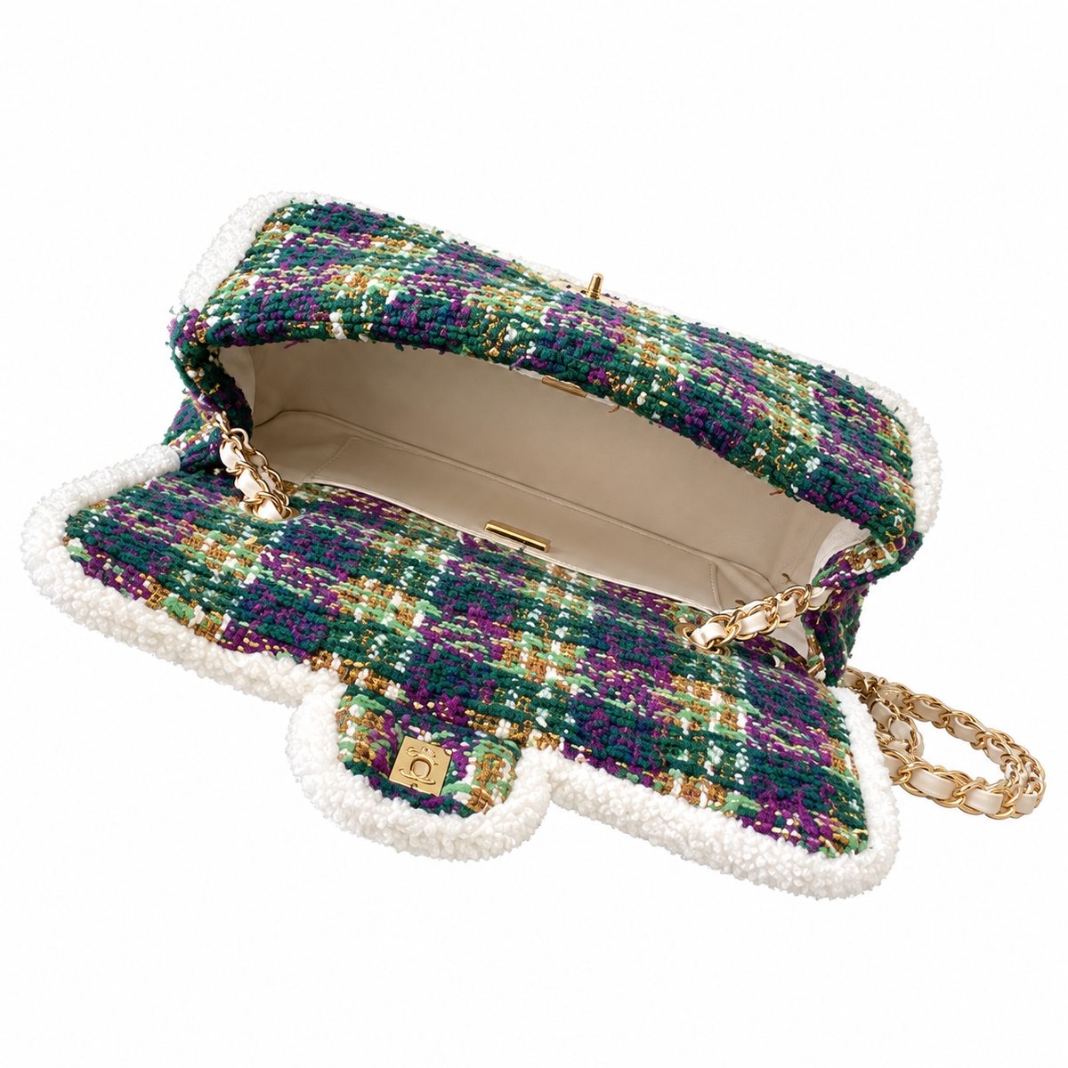 Chanel Tweed Bead Embellished Flap Bag Purple Green 21×33×10cm
