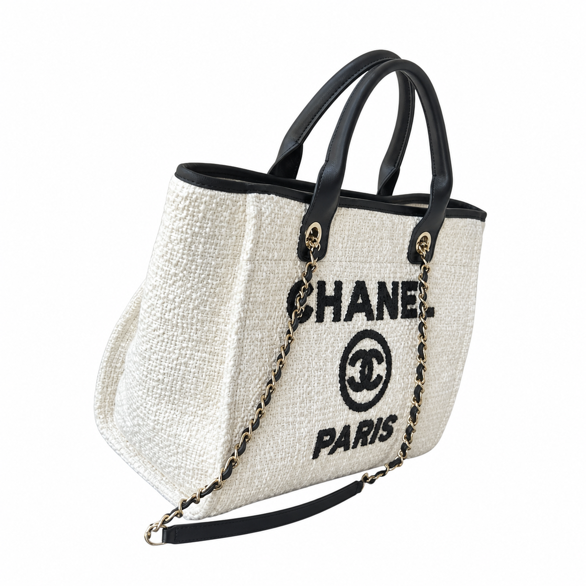 Chanel Deauville Tote Ivory Bouclé | Black Leather CHANEL CC PARIS Appliqué & Gold Chain — 33cm