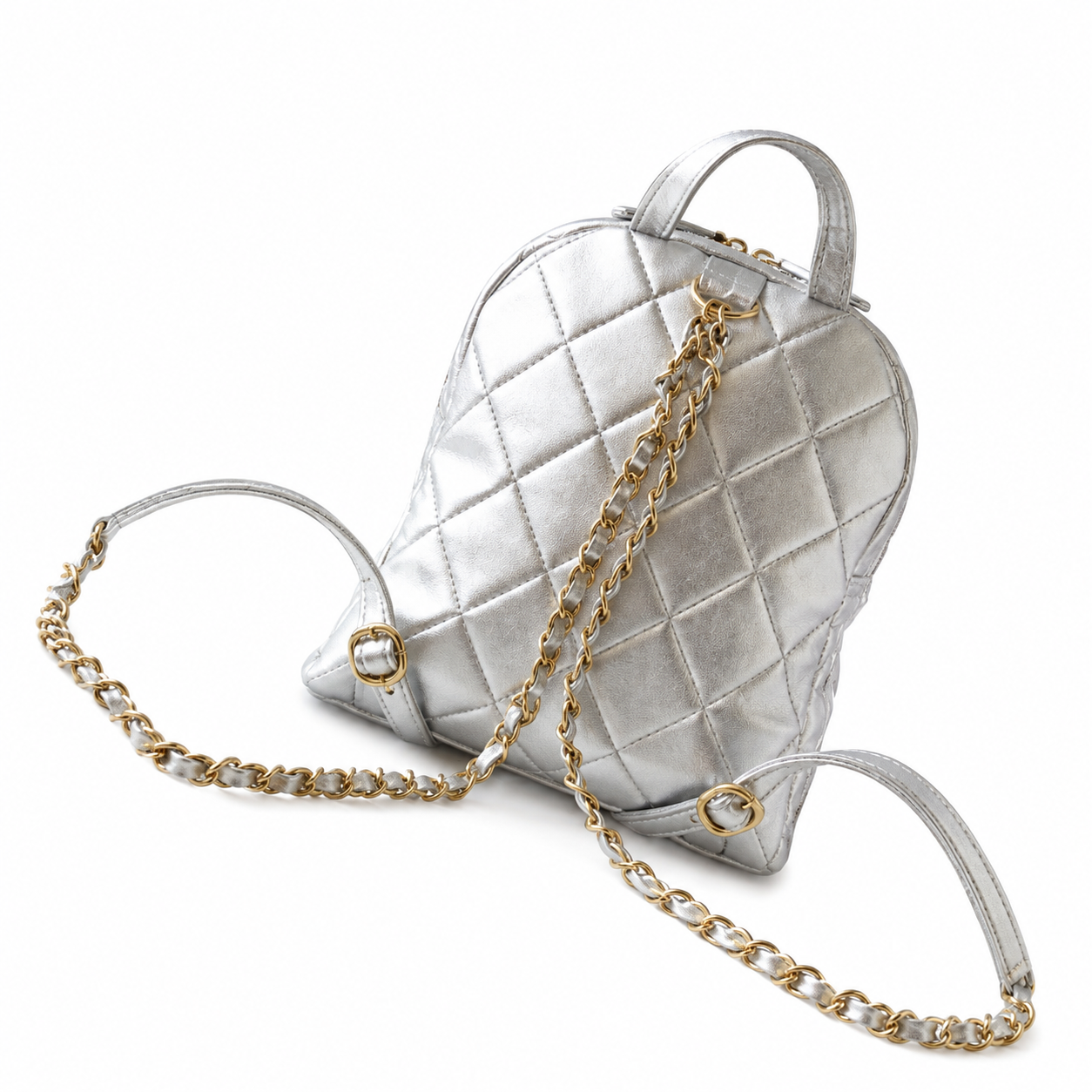 Chanel Metallic Quilted Mini Backpack | Gold Chain Silver Leather — 22cm