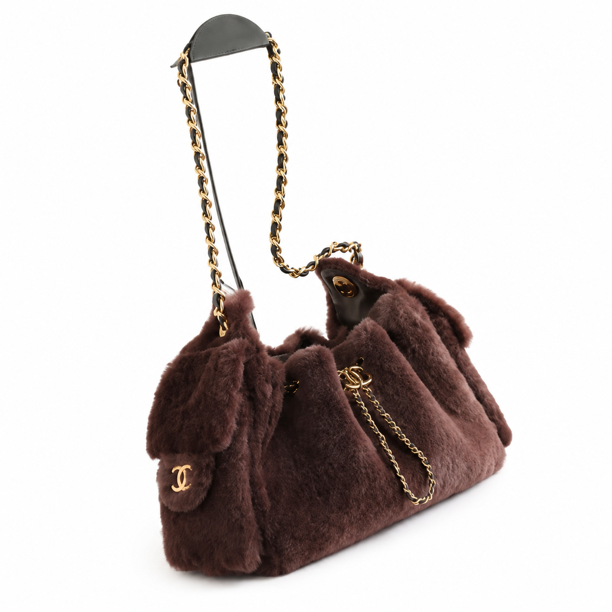 Chanel Chocolate Brown Shearling Shoulder Bag | Gold CC Turn-Lock & Leather-Woven Chain