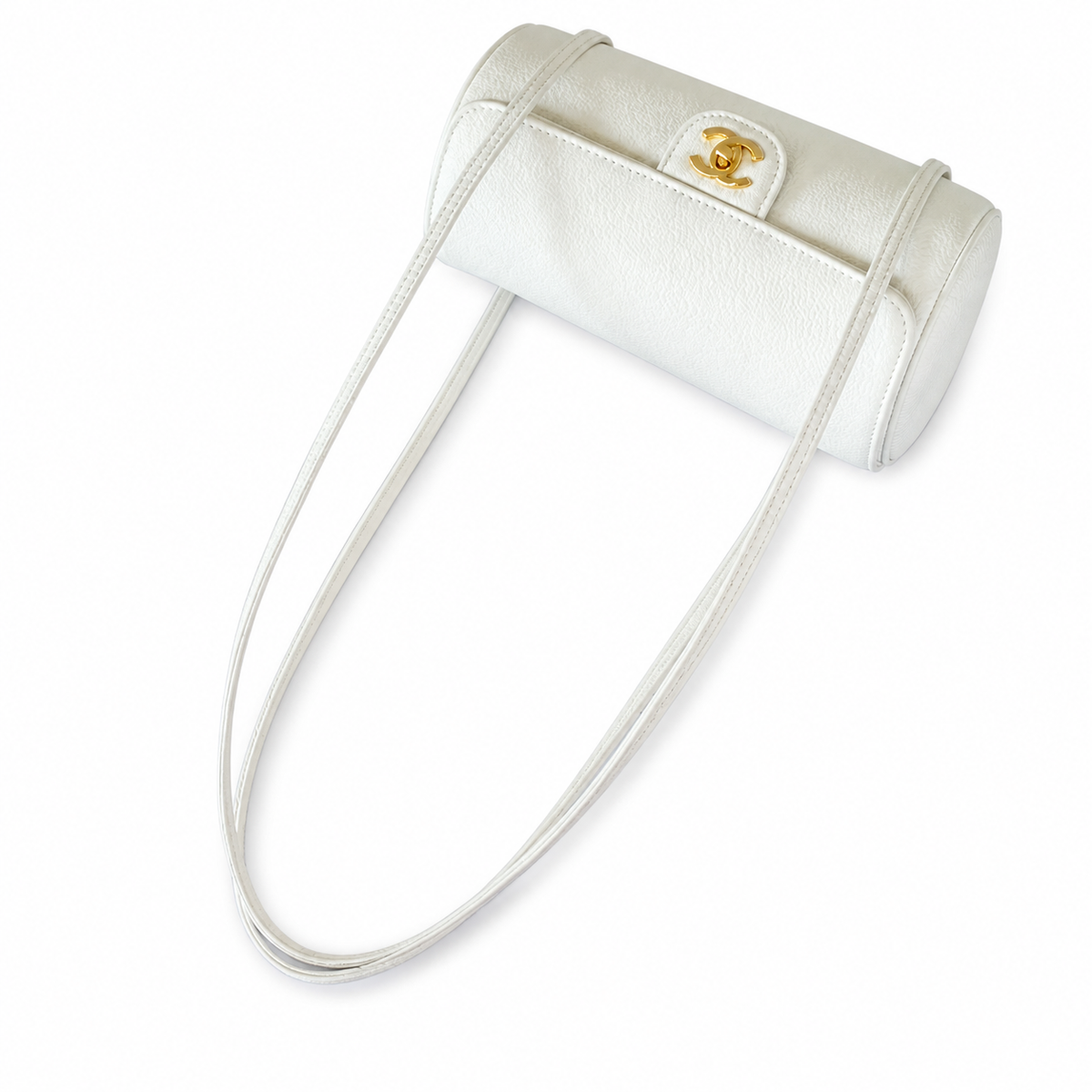 Chanel White Caviar Cylindrical Shoulder Bag | Flat Leather Strap — 20cm