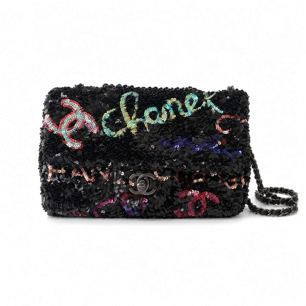 Chanel Sequin Graffiti Flap Bag | CC Logo Silver Chain Black — 14x21cm