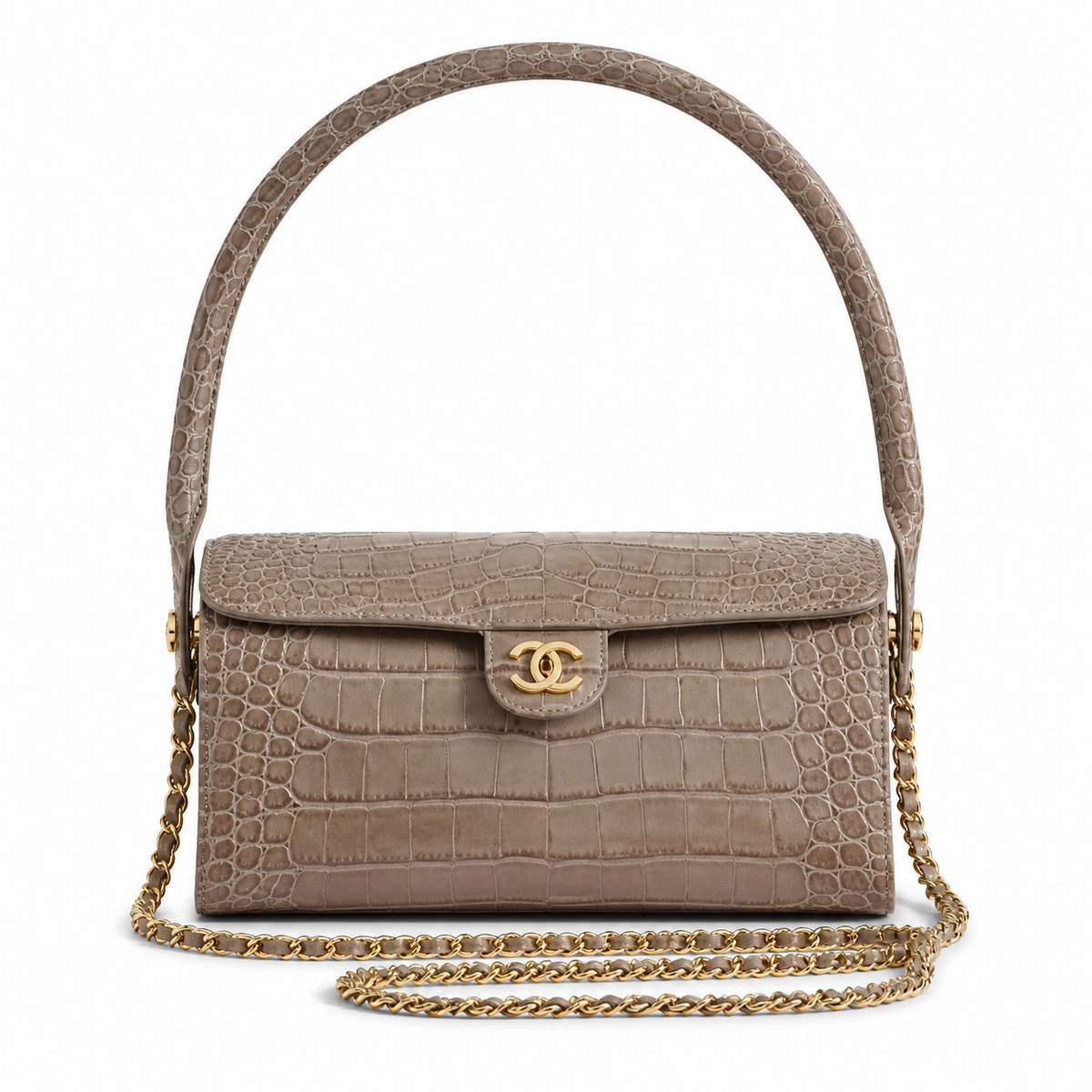 Chanel CC Croc-Embossed Cylindrical Flap Bag | Taupe & Gold — 23cm