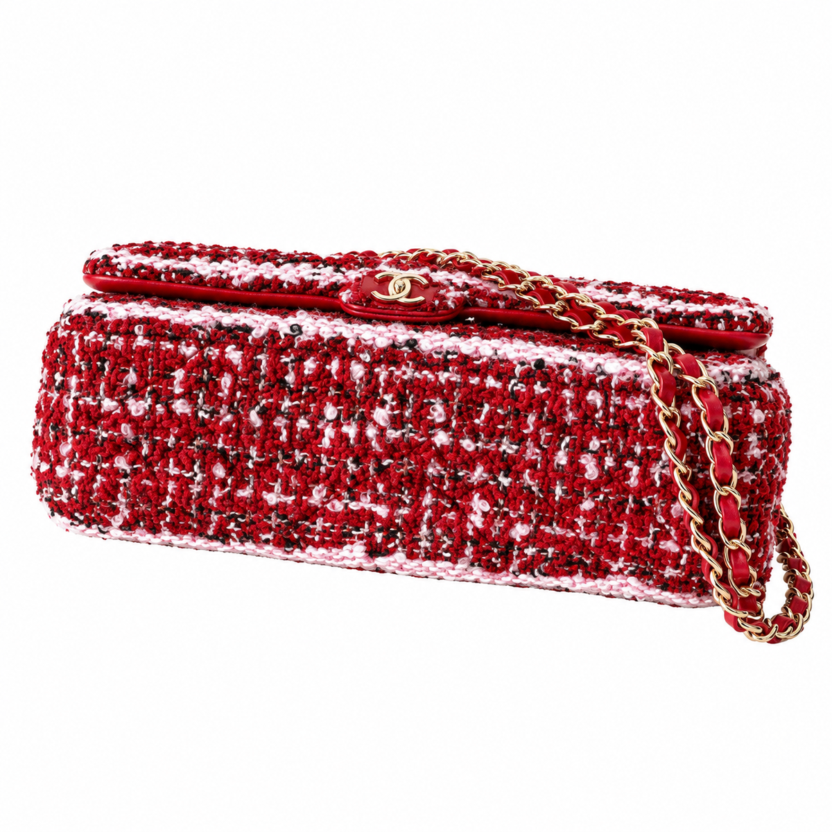 Chanel Classic Double Flap Tweed Red Pink Black White Gold 25cm