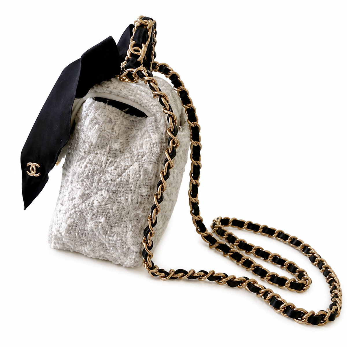Chanel Quilted Flap Bag White Sparkle Tweed | Black Satin Bow & Gold Chain — 20cm