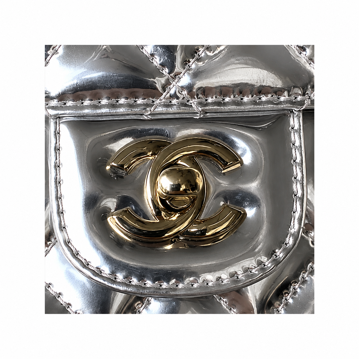Chanel Mirror Metallic Quilted Flap Bag | CC Turn-Lock Silver Chain — 15x20cm
