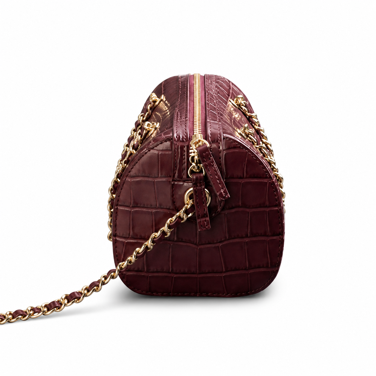 Chanel Burgundy Croc-Embossed Mini Bowling Bag | Gold CC & Chain — 19cm