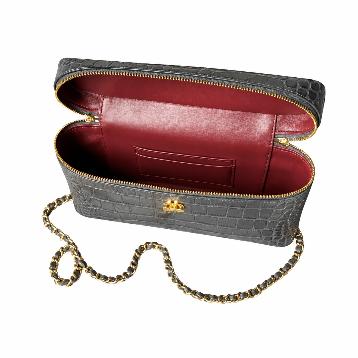 Chanel Slate Grey Croc-Embossed Structured Box Bag | Full-Width Front Zip & Antique Gold Chain