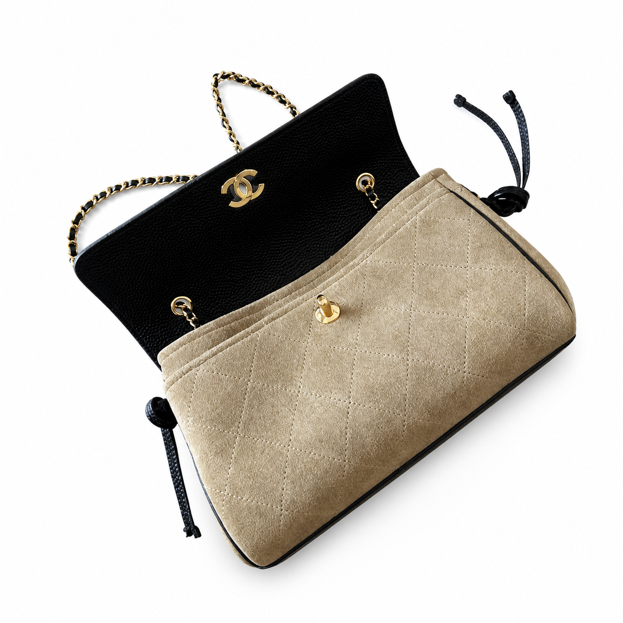 Chanel Two-Tone Drawstring Flap Black Caviar & Taupe Suede | Gold CC Turn-Lock — 29cm