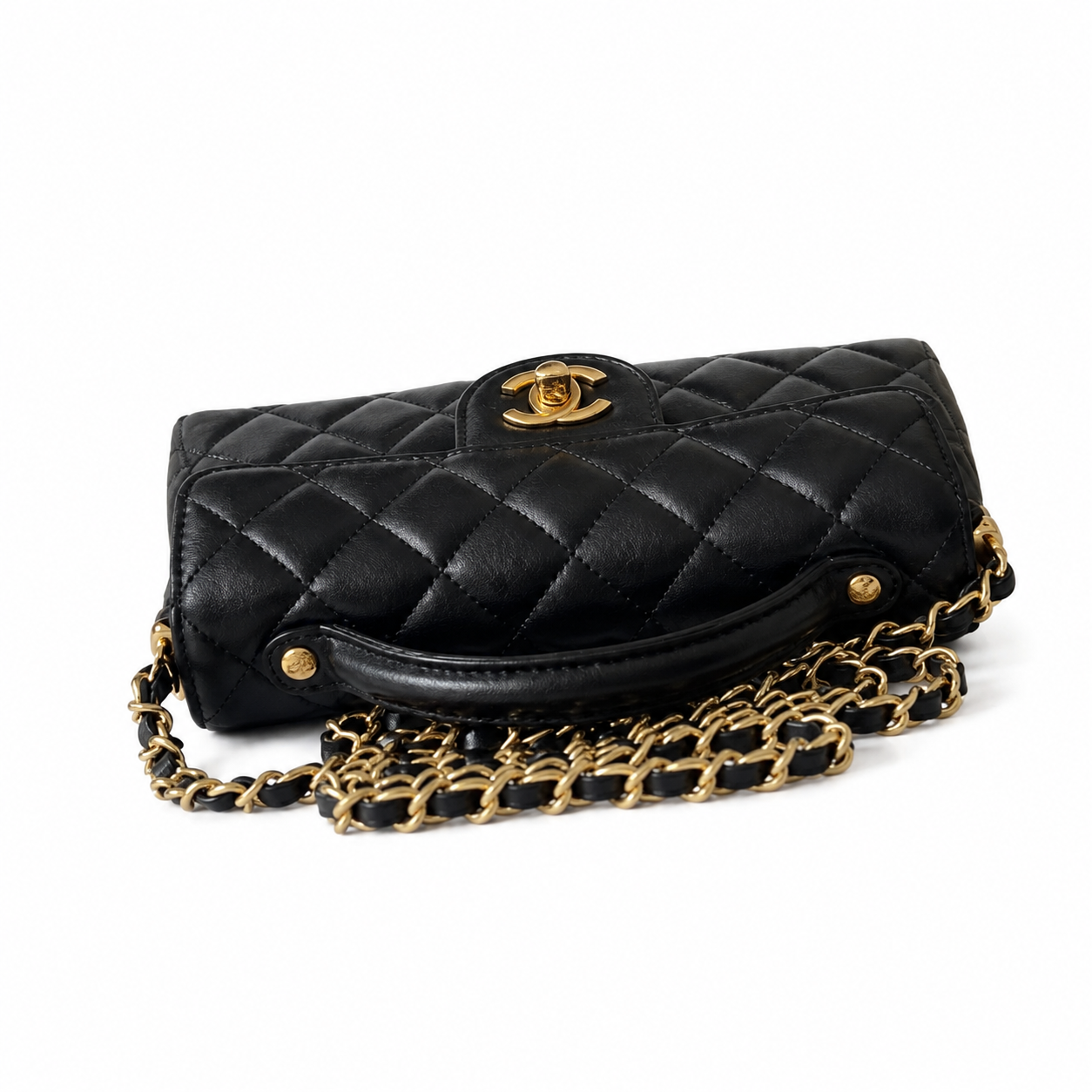 Chanel Black Lambskin Quilted Mini Flap Bag | CHANEL PARIS Gold Padlock Clasp & Gold Chain