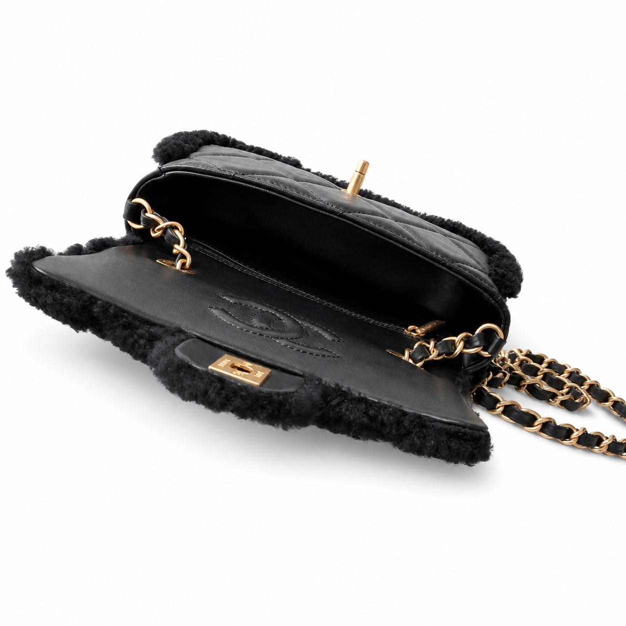 Chanel Shearling Quilted Flap Bag | Gold Leather Chain Black — 12x18cm