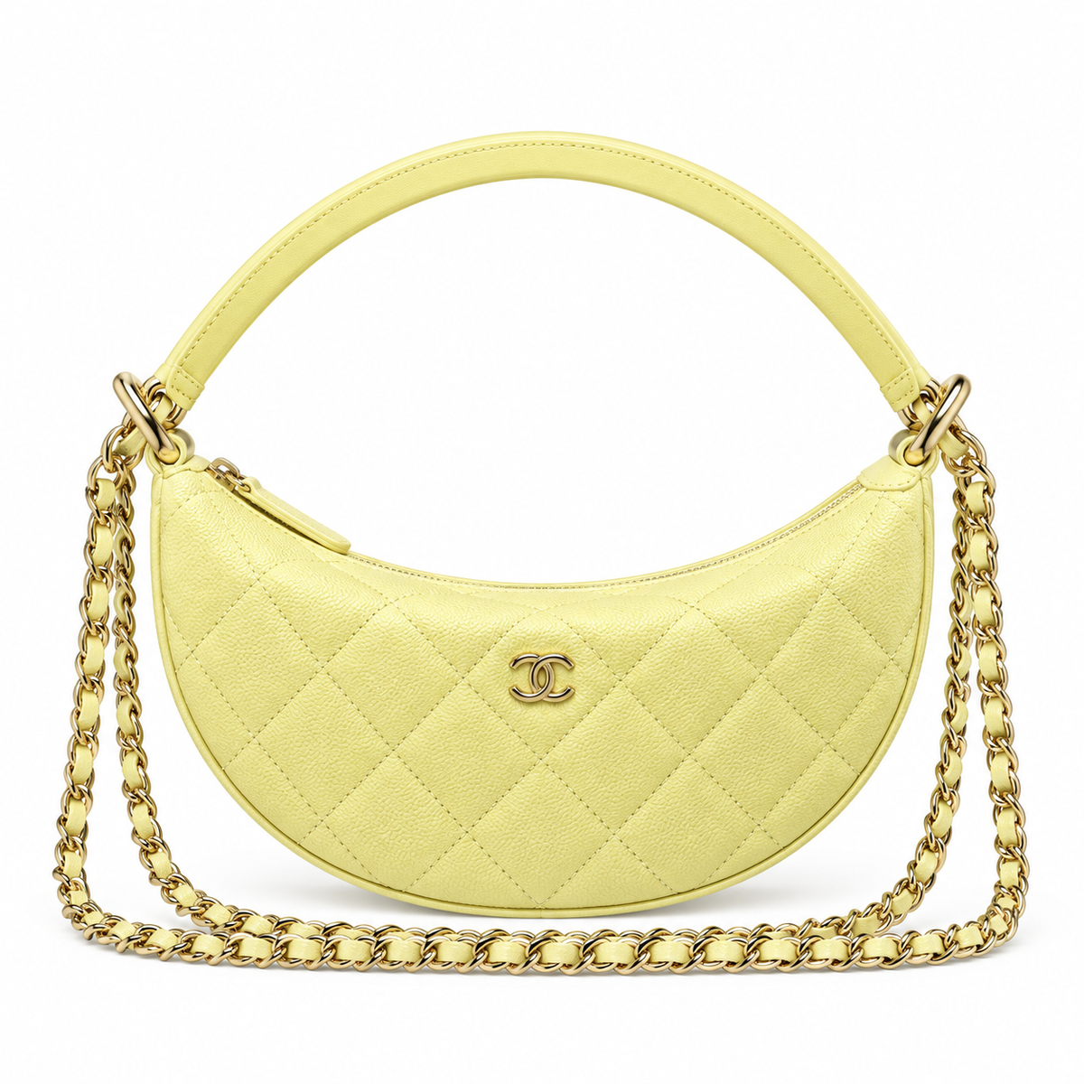 Chanel Crescent Hobo Quilted Caviar Lemon Yellow Leather Handle Gold 22cm
