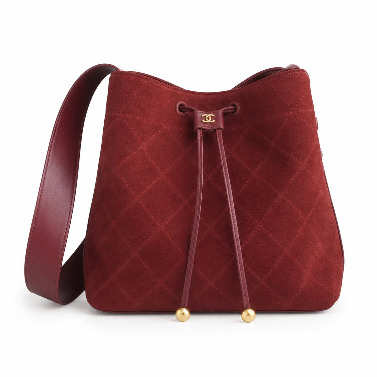 Chanel Bucket Bag Deep Burgundy Quilted Suede | Smooth Leather Strap & Gold Buckle — 23cm
