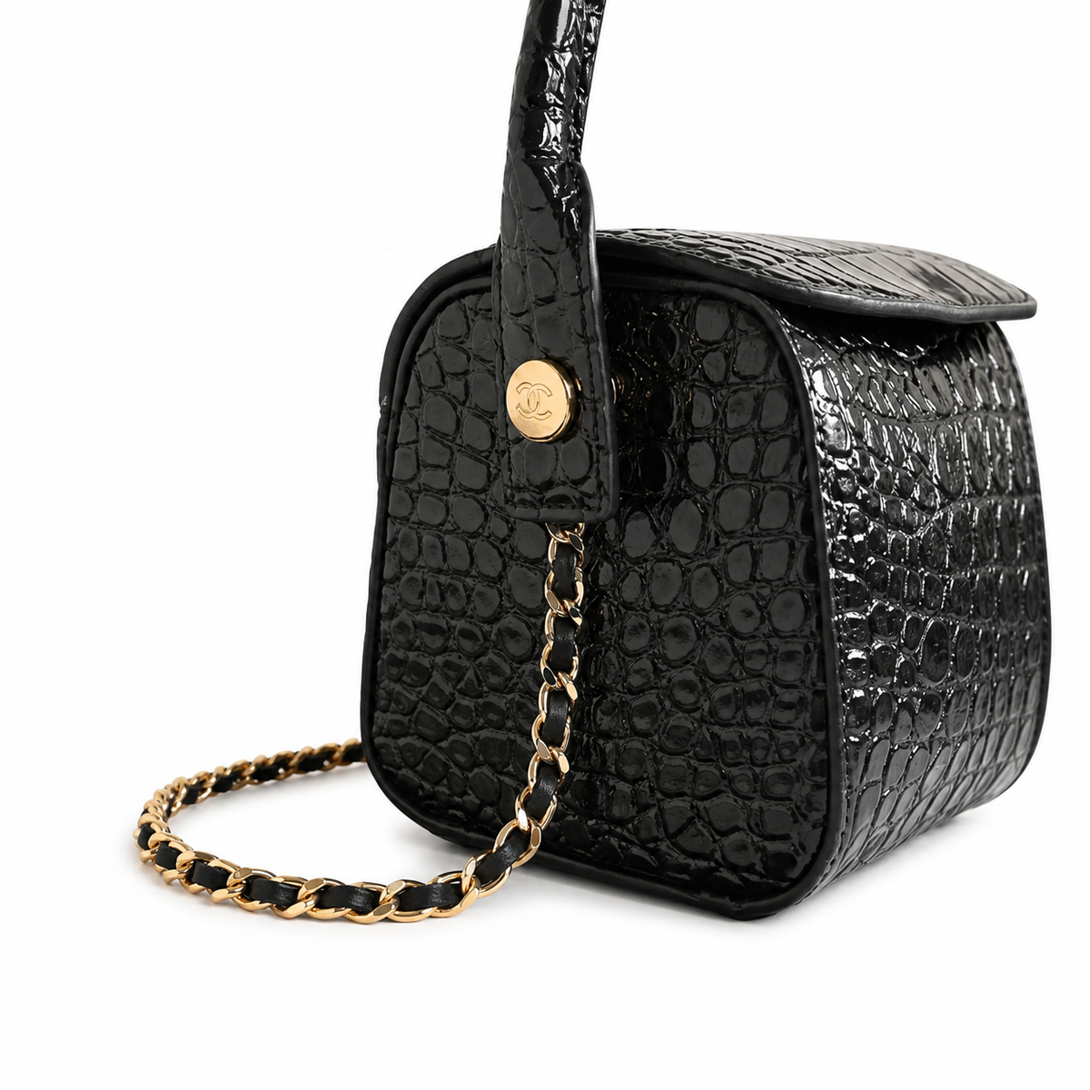 Chanel Black Croc-Embossed Patent Boxy Flap Bag | Arched Handle, Gold Turn-Lock & Chain