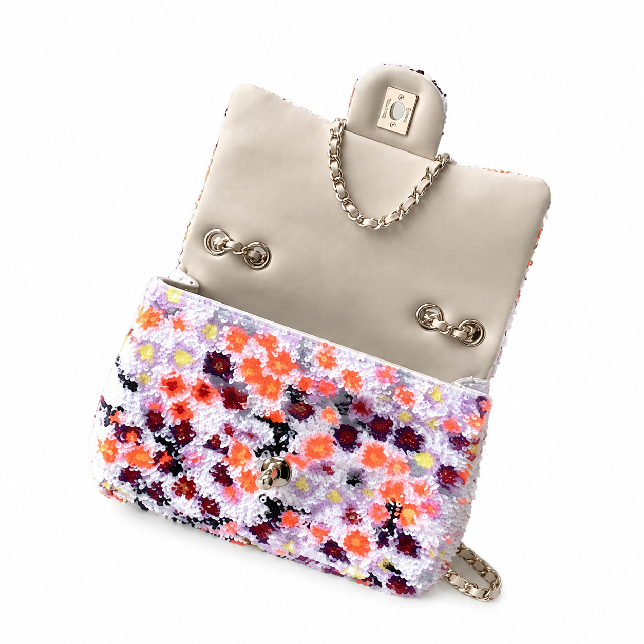 Chanel White Sequin Impressionist Floral Flap Bag | Coral, Pink & Lavender Clusters, Light Gold CC & White Leather Chain
