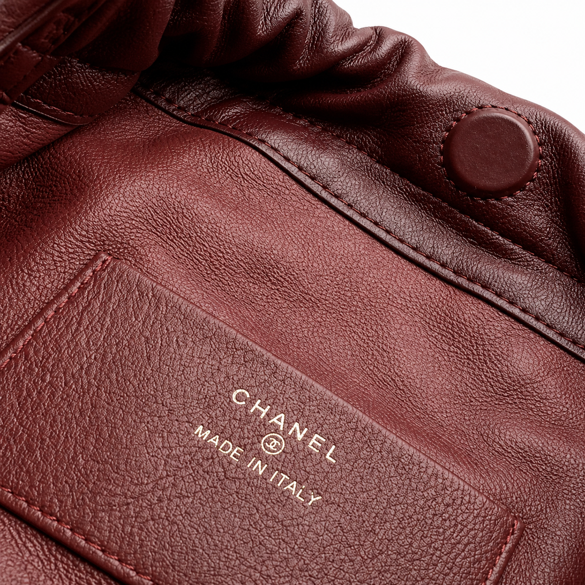 Chanel Burgundy Quilted Lambskin Drawstring Bucket | Tonal CC Coin Discs & Gold CC — 22cm