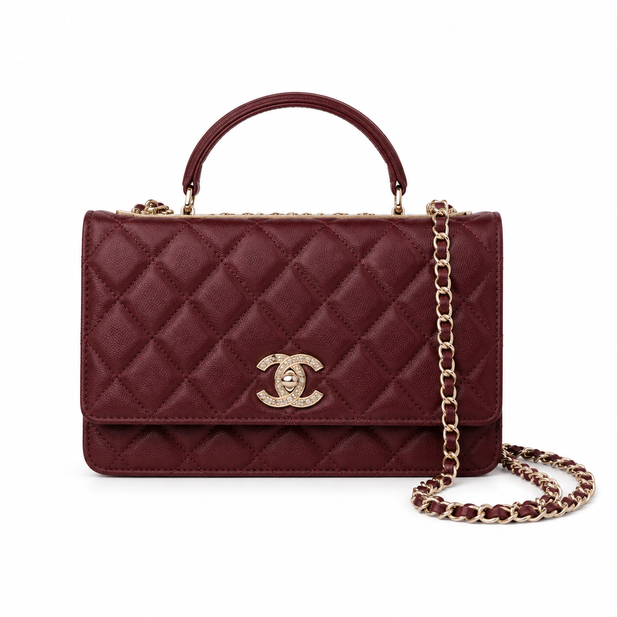 Chanel Burgundy Quilted Lambskin Flap Bag | Pavé Crystal & Pearl CC Turn-Lock, Gold Leaf Motif & Rigid Top Handle