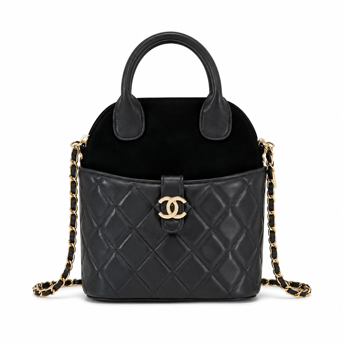 Chanel Black Quilted Lambskin Mini Bucket Bag | Double-Pull Gold Zipper, Dual Compartment & D-Ring Top Handle