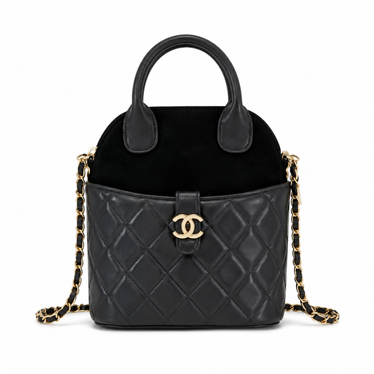 Chanel Black Quilted Lambskin Mini Bucket Bag | Double-Pull Gold Zipper, Dual Compartment & D-Ring Top Handle