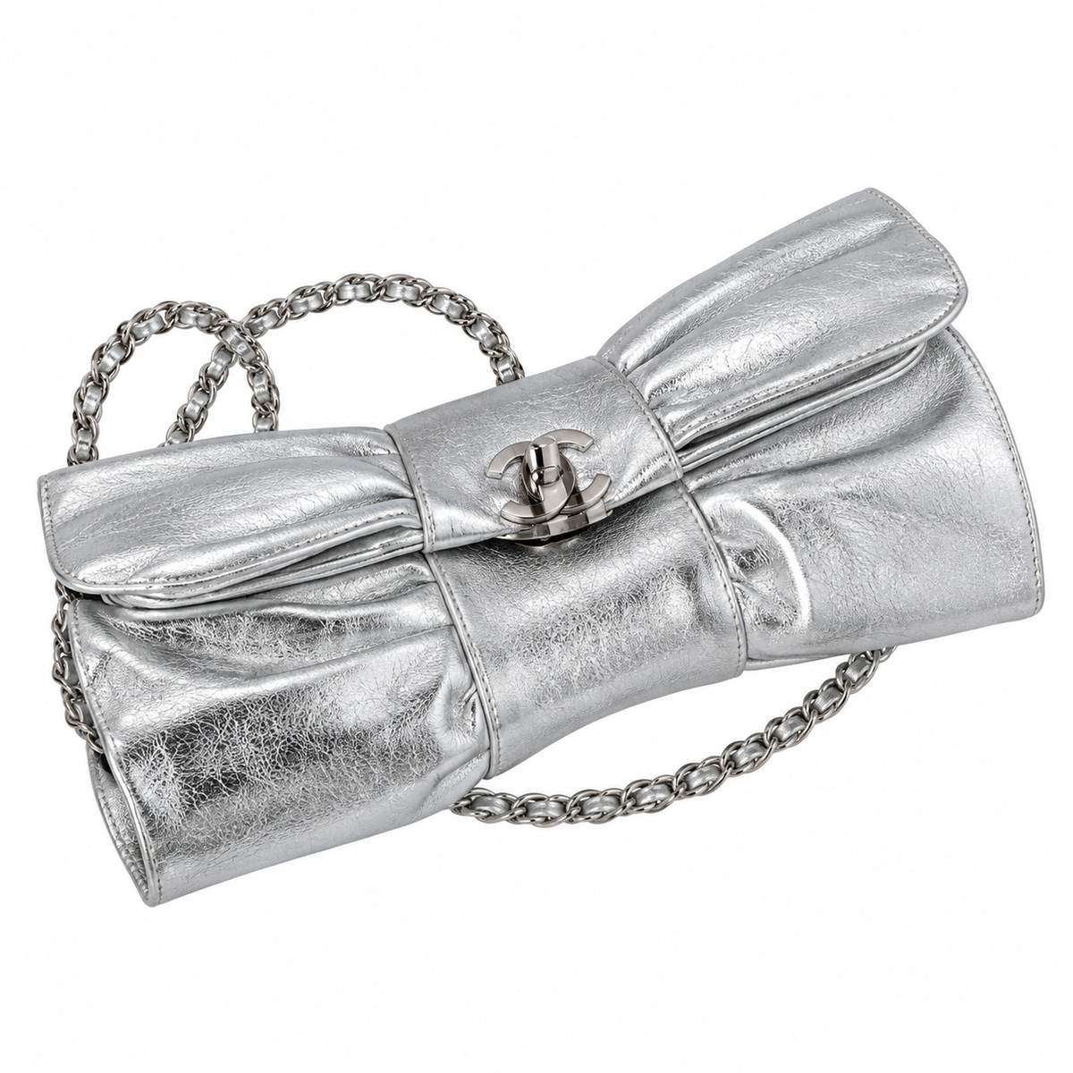 Chanel Bow Bag Ruched Metallic Crinkled Calfskin Silver 22cm