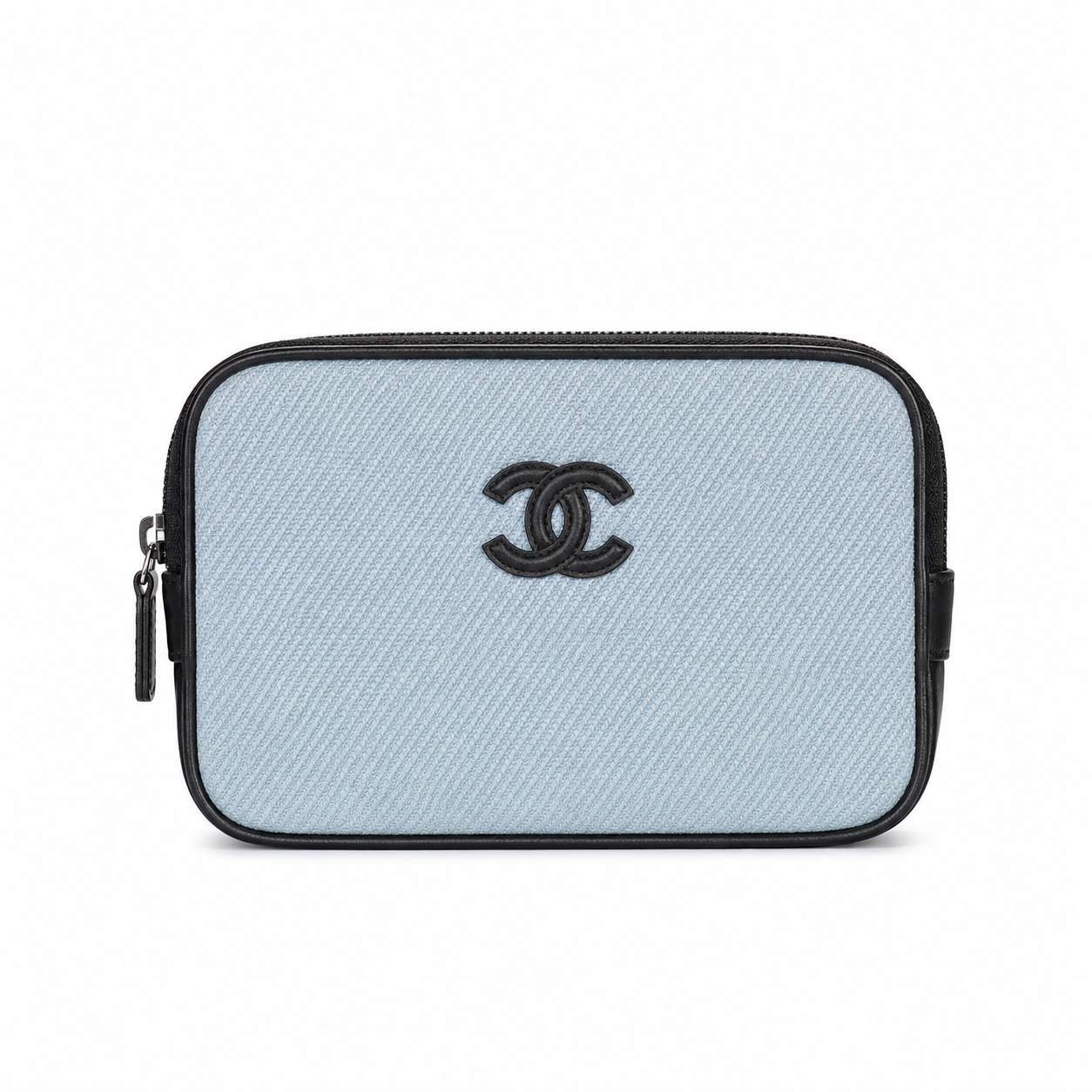 Chanel Powder Blue Canvas Camera Bag | Black CC Appliqué, Black Leather Trim & Double Zip