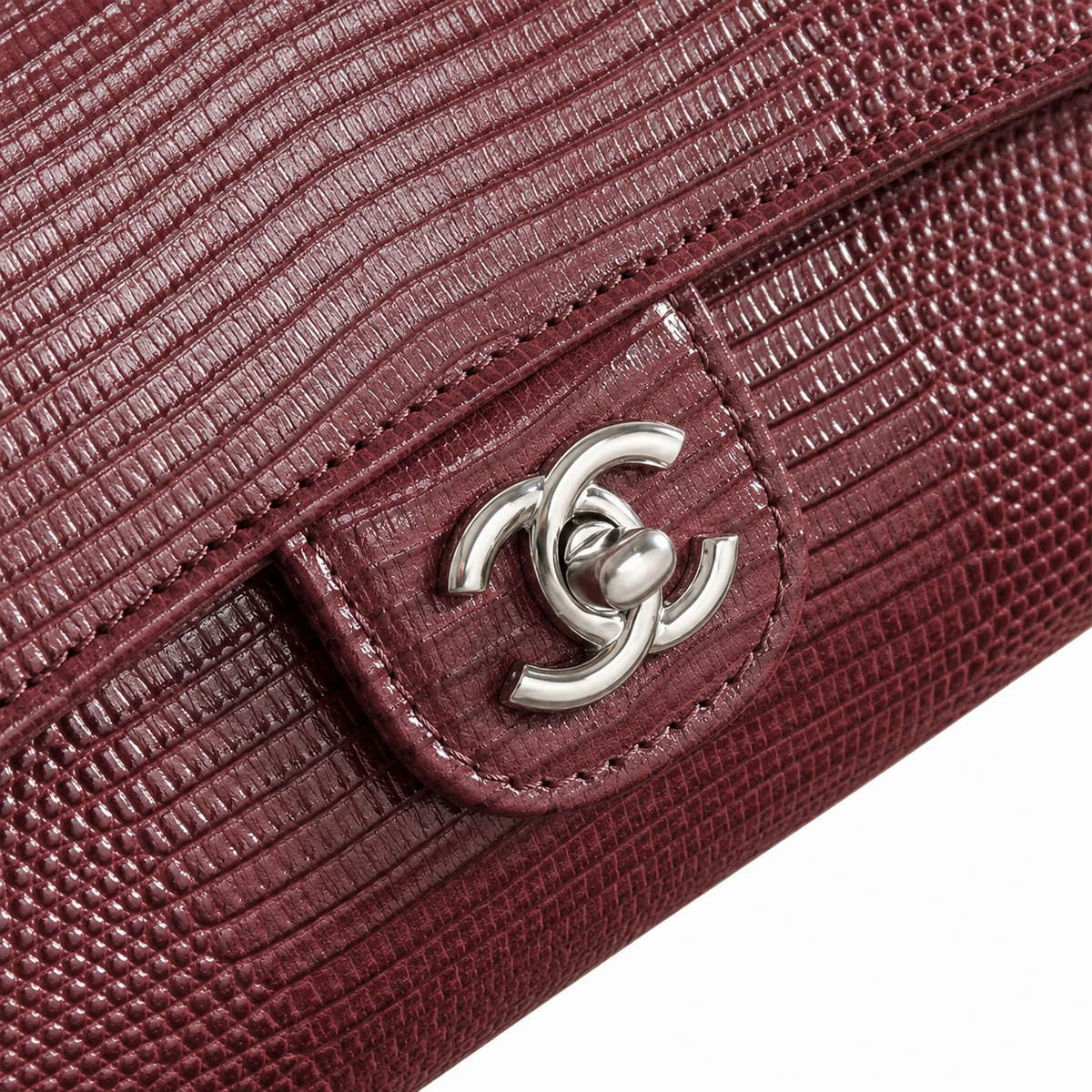 Chanel Cherry Red Lizard-Embossed Baguette Flap Bag | Top Handle & Red-Threaded Silver Chain