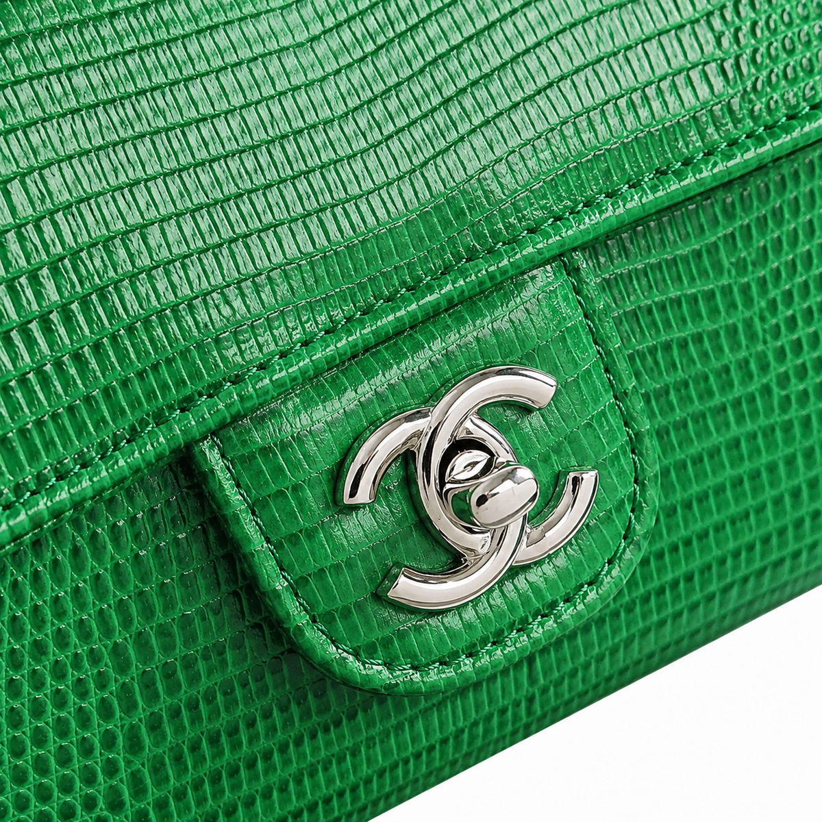 Chanel Emerald Green Lizard-Embossed Baguette Flap Bag | Top Handle & Tonal Silver Chain