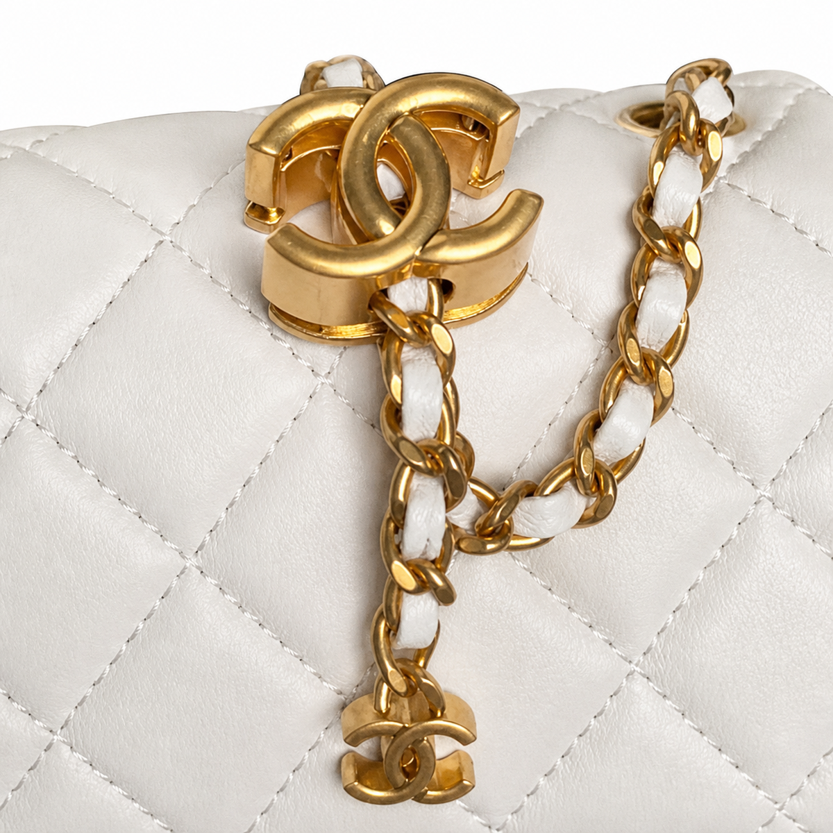 Chanel Mini Square Flap White Lambskin | Oversized CC Turn-Lock & Gold CC Charm — 18cm